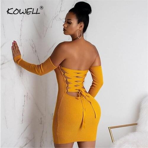 Hot sale sexy knitted off shoulder christmas dress Women bodycon lace up mini dress Autumn winter backless elegant party dress