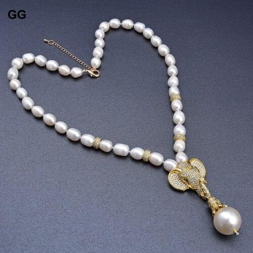 GuaiGuai Jewelry 21'' Cultured White Rice Pearl Necklace Cz Pave Elephant Sea Shell Pearl Pendant