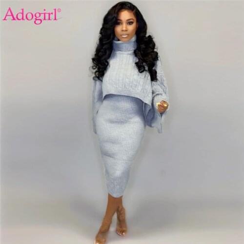 Adogirl 2019 Winter Sweater Two Piece Set Dress Turtleneck Long Sleeve Loose Crop Top Spaghetti Straps Bodycon Midi Skirt Suits