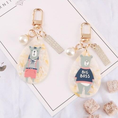 Creative Cute Cartoon Boss Bear Keychain Marble Pattern Acrylic Car KeyRing Metal Text Trinket Bag Pendant Charm Gifts Ornament
