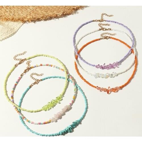 Summer Bohemia Style Natrual Crystal Stone Pendants Multi-color Seed Beads Necklace Choker for Woman Party Holiday Jewelry Gift