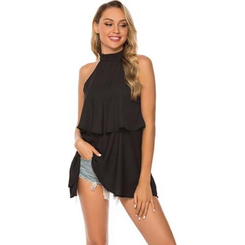 Summer Sleeveless Chiffon Shirt Solid Color Stand Collar Tops Double Split Chiffon Shirt Casual Blouse Ruffles Female Tops