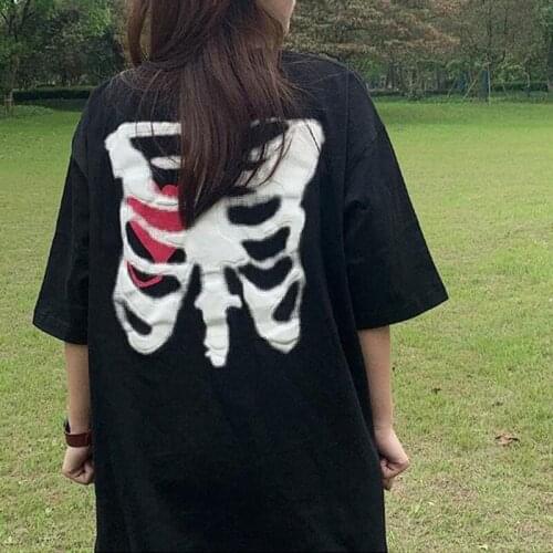 Summer Plus Size Punk Skeleton Lover Print Short Sleeve Cotton T-Shirt Harajuku Women Streetwear Black Vintage Punk Dark Clothes