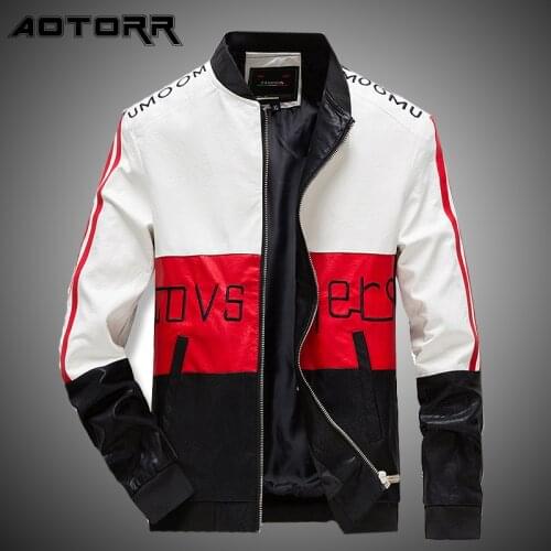 2021 Letter Print Leather Jacket Men Biker Jackets Fashion Zipper Stand Collar PU Jacket Mens Autumn Stripes Coats Streetwear
