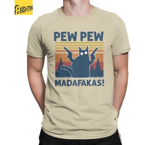 Vintage Retro Black Cat Pew Pew Madafakas Men T Shirts Creative Tee Shirt Short Sleeve Round Neck T-Shirt Pure Cotton