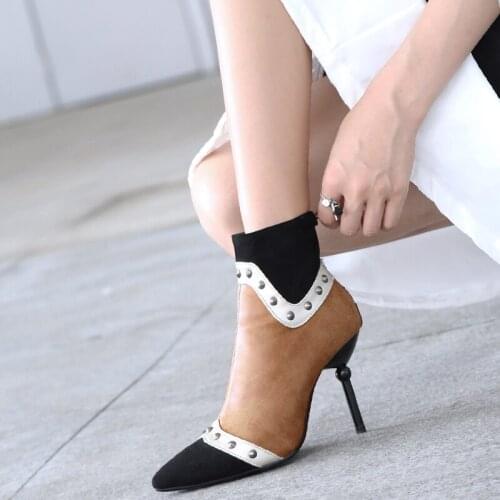 New slim British style pointed head thin heel rivet color block high heel short boots large 43 44 45 46 47