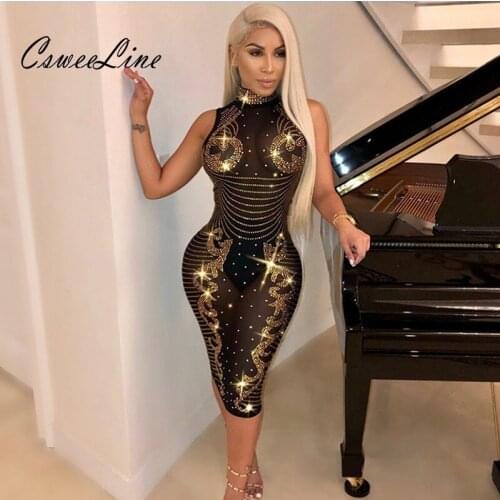 Night club mesh rhinestone dress patterns diamonds outfit sleeveless turtleneck party sexy see through women bodycon midi dress
