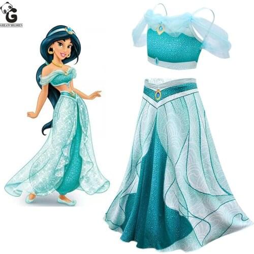 Jasmine Princess Dresses Girls Belly Dancer Dress Aladdin Lamp for Girl Halloween Costume for Kids Top&Skirts Carnival Gift