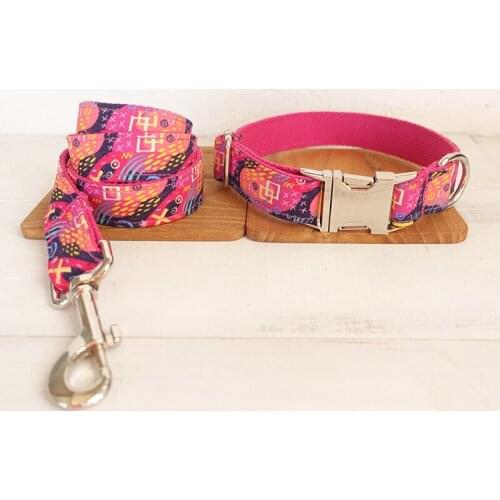 Adjustable Dog Collar Metal Id Engrave Buckle Necklace Pet Pink Graffiti Neck Band Strap Leash