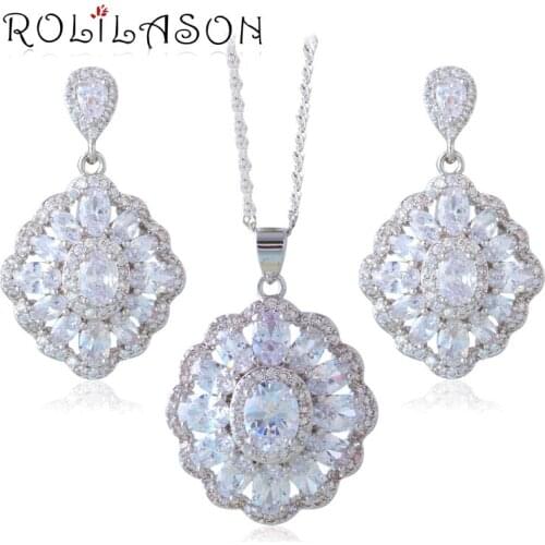 ROLILASON White Cubic Zirconia CZ Jewelry Sets For Women stamped Earring/Pendant/Necklace/Ring JS658