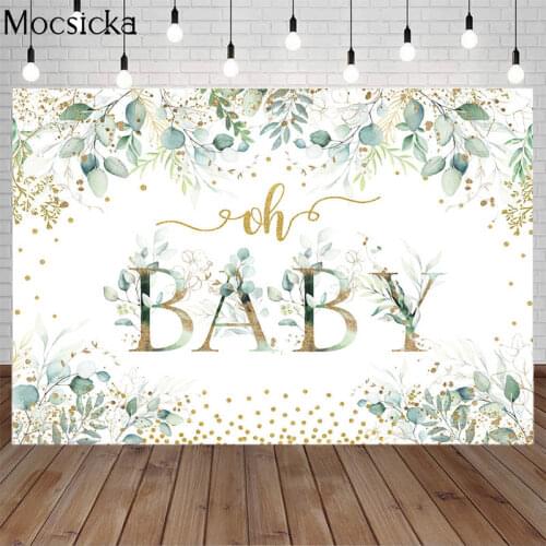 Oh Baby Birthday Party Backdrop Green Leaf Golden Glitter Birthday Cake Table Photo Newborn Baby Shower Background Photography