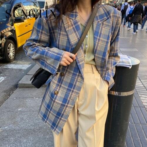 Sungtin Plaid Loose Casual Blazer Jackets Women Office Lady Work Korean Blazer Suit Coat Vintage Elegant Outwear New Fashion