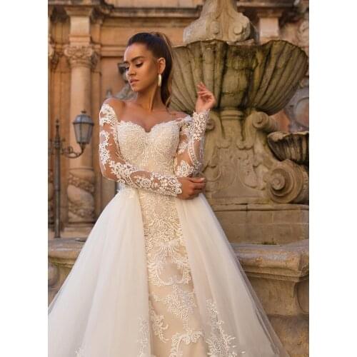 2021 Sexy Champagne Mermaid Wedding Dresses Sweetheart Off Shoulder Illusion Neck Lace Appliques Tulle Detachable Train