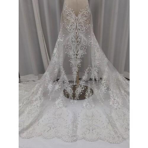 5yards/pc) Wonderful embroidered sequins French net lace bling bling white African wedding tulle lace fabric for dress FJY410