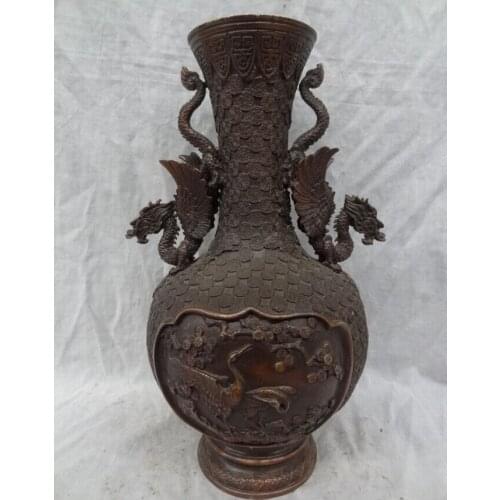 USPS to USA S1192 15" Chinese Bronze Dragon Phoenix Head Statue Wealth Coin Crane Flower Pot Vase