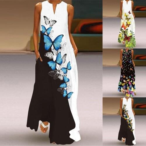 Vintage Bohemian Long Maxi Dress Women Round Neck Sleeveless Flower Butterfly Print Stitching Dresses For Women Dress Vestido