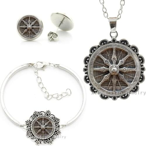 Vintage Dharma Wheel glass dome buddhist Wheel jewelry sets Dharma chakra Spiritual faith necklace earrings bracelet set HT067