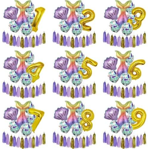 Dream Mermaid Theme 32inch Number Foil Balloon Sequin Latex Balloon Tassel Set Girl Birthday Party Supplies Decor Helium Globos