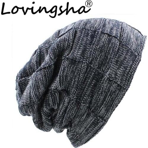LOVINGSHA Brand Plaid Design Women Baggy Knitted Knit Skullies Bonnet Warm Hats For Girl Beanie Men Faux Fur Winter Hat Caps