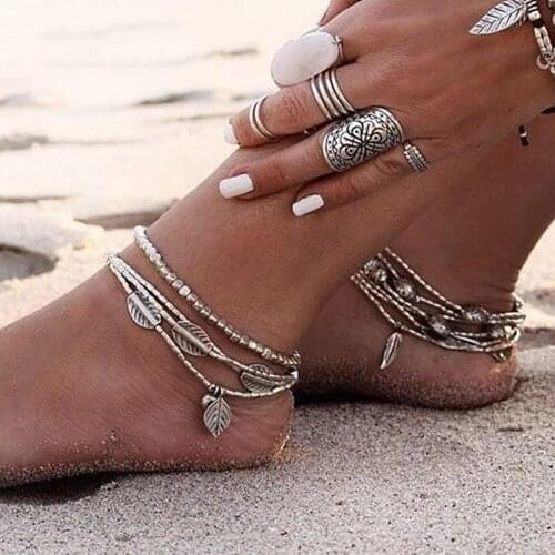 Women Anklets Foot Barefoot Sandals Bracelet ankle leg Female Ankle Metal Feather Leave Barefoot Sandals Anklets Multi Layers