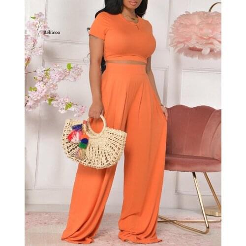 Summer Womens Plain Crop Top Overalls Suit Set Femme Elegant Solid Short Sleeve Tee & Wide Leg Pants Set Ladies Outfit