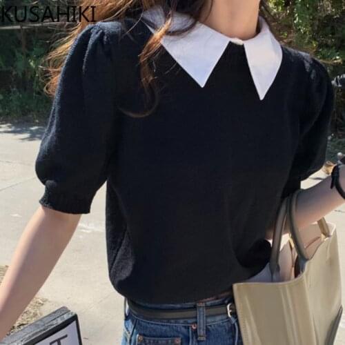KUSAHIKI Puff Sleeve Ics Silk Knitted Tops Korean Fake Two Pieces Turn-down Collar Pullovers Summer Thin Women Knitwear 6J066