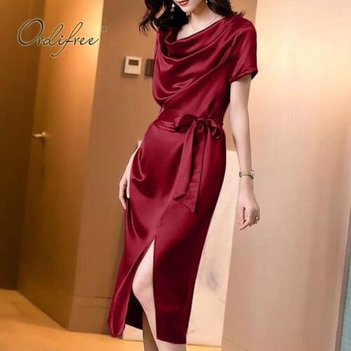 Ordifree 2020 Summer Vintage Women Satin Midi Dress Short Sleeve Belted Burgundy Party Dress