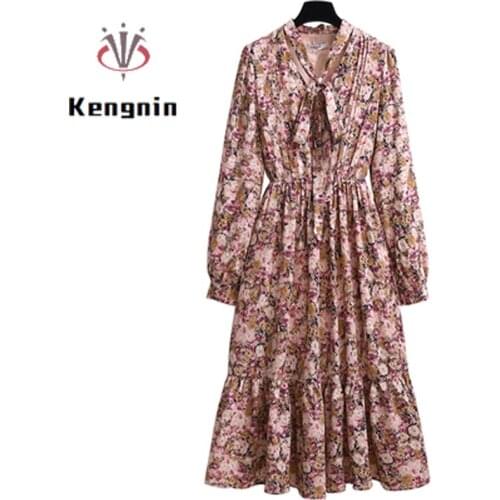 Autumn Dresses Woman 2021 New Print Floral Bow Female Robe Clothing Loose Long Sleeve Chiffon Dress Office Lady Vestidos KE1840