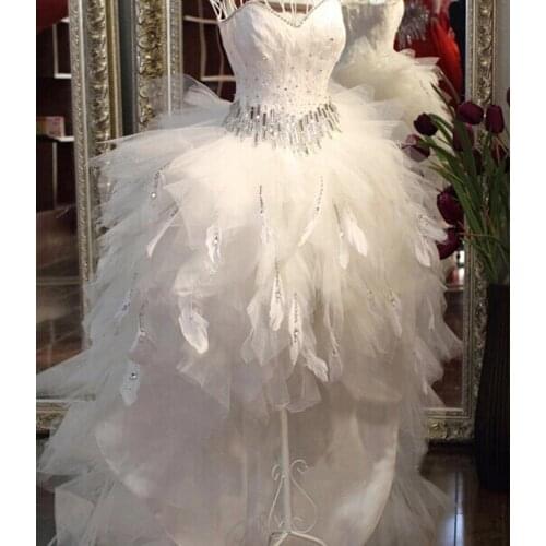 New Quality Feather Front Short Back Long Bridal Gowns Train Low-high Tube Top Crystal Belt Ivory Bride Bespoke Wedding Dresses