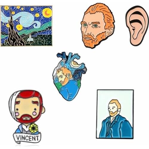 Vincent van Gogh and Ear Pins Artist Painter Collection Brooch Enamel pins Lapel Badge Cultural icons Jewelry Gift for Friends