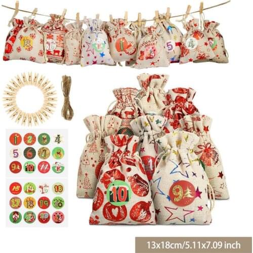 24PCS Christmas Advent Calendar Countdown Bag Cotton Linen Hanging Gift Bag With Clips 2021 New Year Advent Calendar Bags
