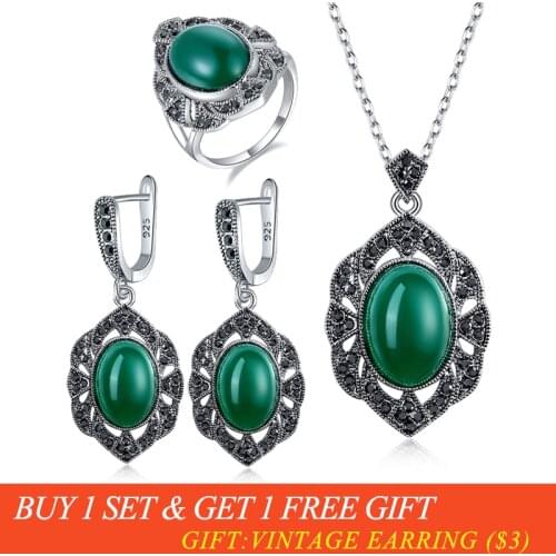Ajojewel Elegant Vintage Green Stone Jewelry Sets For Women Silver Plated Necklace Earring and Ring Needle Prevent Allergy