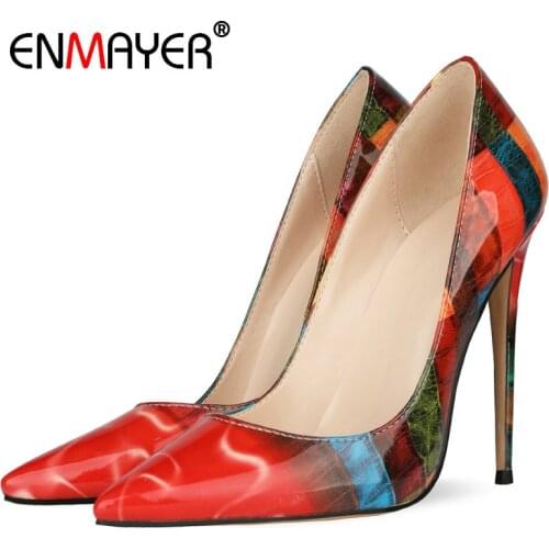 ENMAYER Basic PU Thin Heels Pointed Toe Shoes Woman Party Slip-On Mixed Colors Pumps Women Shoes Luxury Shoes Women Designers