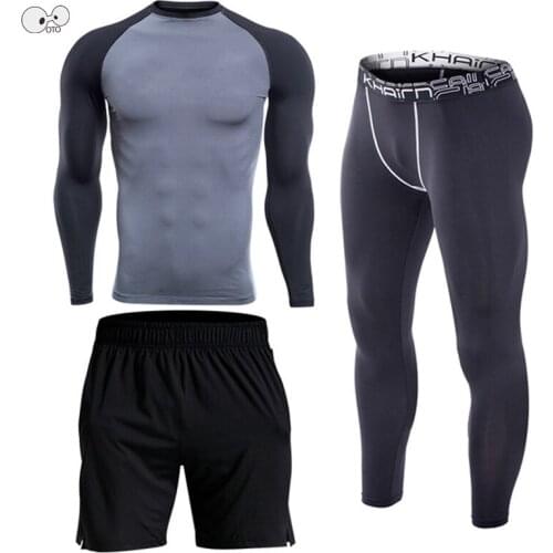 Breathable Quick Dry Men Compression 3Pcs Running Set Basketball Soccer Training Sportswear Sport Suits Workout Fitness Clothing