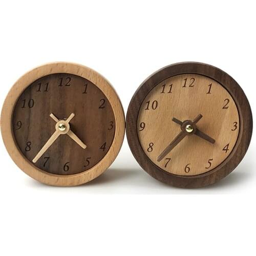 Creative Fashion Office Bedroom Beech Black Walnut Wooden Round Silent Small Desk Clock