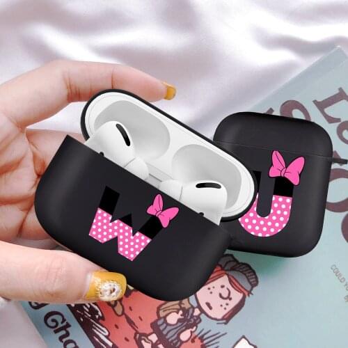 Fashion Pink Bow Initial 26 Letter Soft Case For AirPods 2/1 Pro Black Silicone Wireless Bluetooth Earphone Box Matte Cover