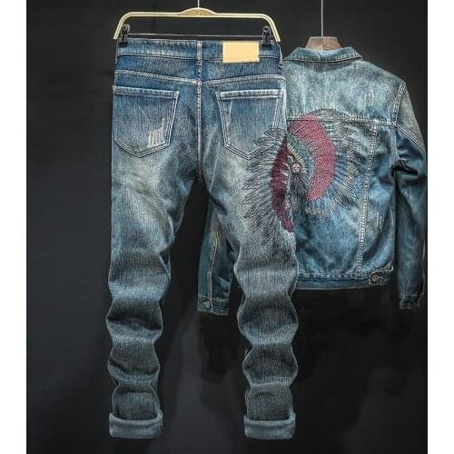 Thick Fleece Lining Embroidery Ripped Men Winter Plus Size Denim 2Pcs Sets Long Sleeve Single Breasted Jackets Full Length Pants