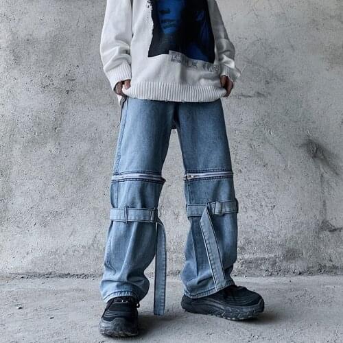 High Street Mens Wide Leg Jeans Pants Removable Male Trousers Hip-hop Black Blue H9