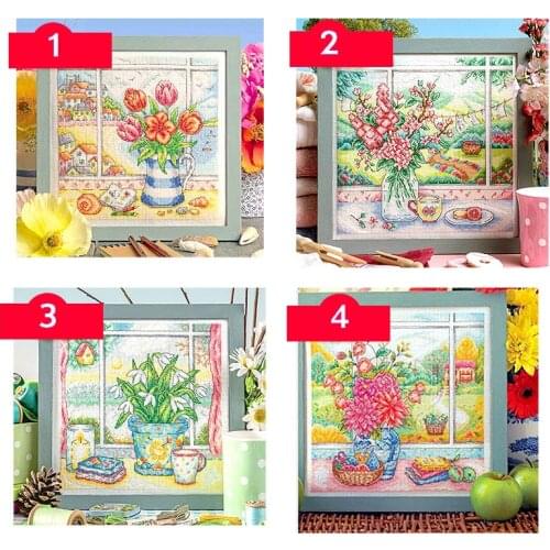 Fishxx Cross Stitch Kit Precision Printing C1517 Window Sill Vase Four Beautiful Living Room