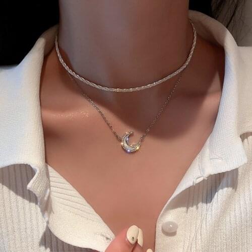 Minar 2 PCS Double Layers Bling Bling White Moon Pendant Necklaces for Women Metallic Chokers Necklace Statement Accessories