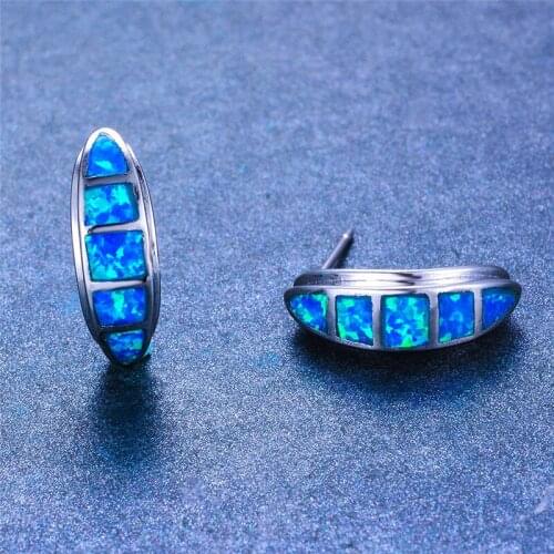 Simple Fashion White Blue Opal Earrings Geometric Square Stone Small Stud Earrings Charm Silver Color Wedding Earrings For Women