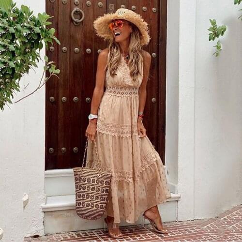 Sexy Deep V Sleeveless Chiffon Dress Loose Summer Bohemia Beach Long Dresses Elegant Sweet With Shining Printing Dot Lace Fringe