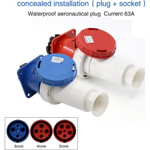 Waterproof industrial plug socket 3core 4core 5core hole 63A connector darkly installed aviation socket
