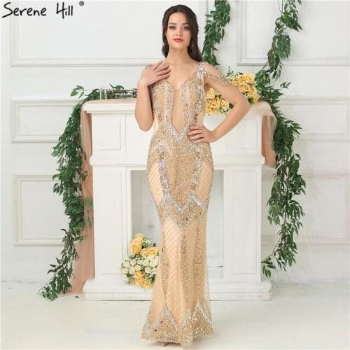 Serene Hill Gold Dubai Design V-Neck Luxury Evening Dress Diamond Beading Sexy High-end Formal Party Wear Gown 2020 CLA6668