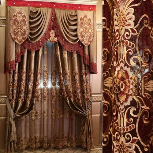 Custom curtain thick luxury shading velvet living room villa yellow red cloth blackout curtain valance tulle panel C241