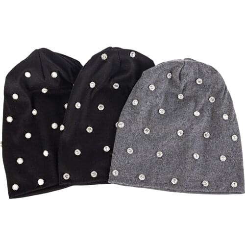 2021 New Style Korean Beanie Caps For Women Pearl Dot Hat Stretch Baggy Hats Fashion Beanies Gorros Soft Warmer Cotton Bonnet