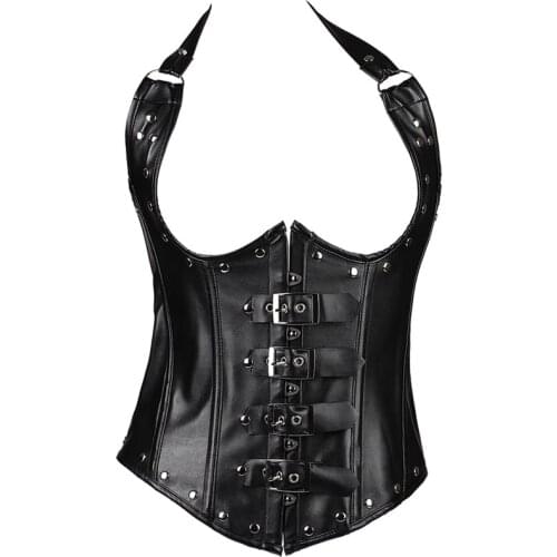 Womens Punk Style Corset Steel Boned Waist Trainer Cincher Shaper Faux Leather Halter Corset Underbust For Party Costumes