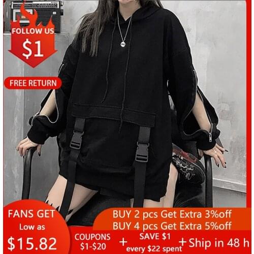 Rosetic Zipper Deign Gothic Women Hoodie 2020 Hooded Plus Size Loose Sweatshirt Pullover Streetwear Black Hoodies Drawstring