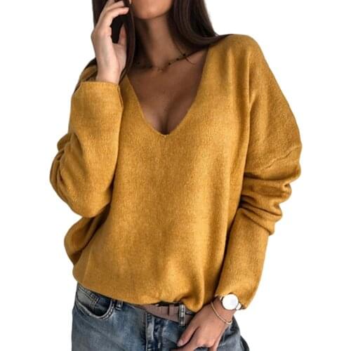 Women Fashion Warm Autumn Loose Solid Color V Neck Long Sleeve Plush Pullover Sweater Top