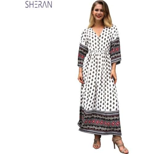 Woman Dress 2018 Spring Summer Print V-neck Bohemian Waist Hit Color Stitching Maxi Dress Elegant Flare Sleeve Lady Long Dresses